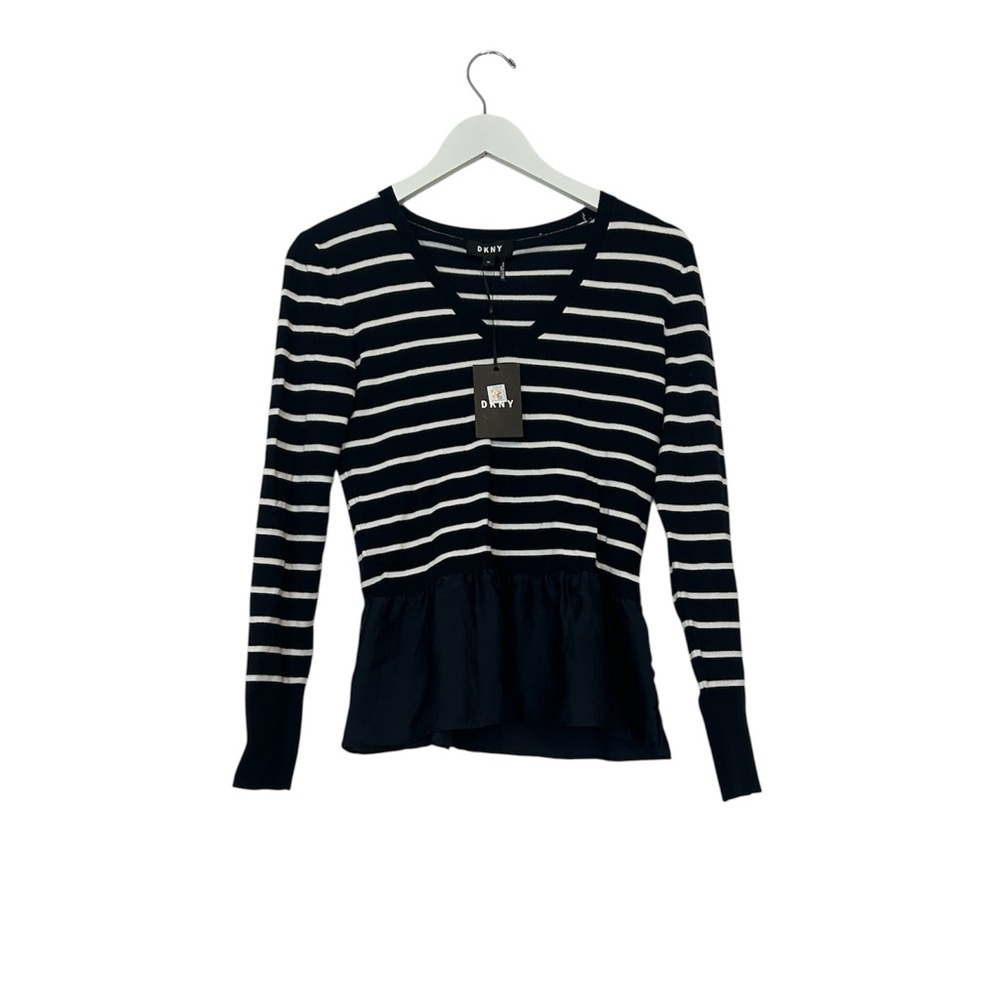 DKNY Navy and White Striped Peplum Sweater, XS